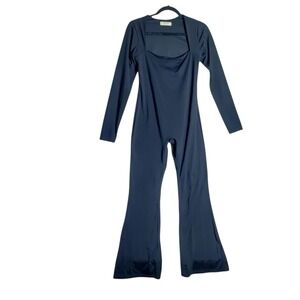 Qinsen Womens Black Long Sleeve Square Neck Flare Leg Jumpsuit XL Activewear